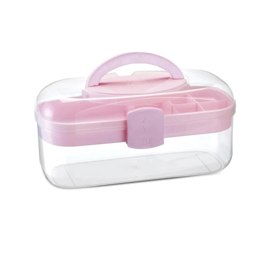 Organizador Maleta Tendências em Plástico com Alça e 6 Divisórias Na Cor Rosa Claro e Cinza