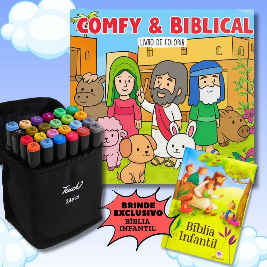 Kit Colorir Bíblico Infantil Comfy + 24 Canetinhas Dupla Ponta + Bíblia Ilustrada