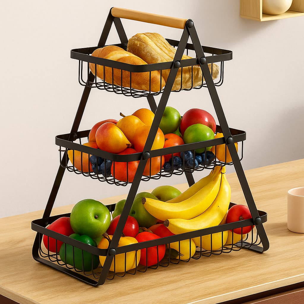 Fruteira de Mesa 3 Andares Ferro e madeira Aramada Frutas e Legumes Com Alça Para Cozinha