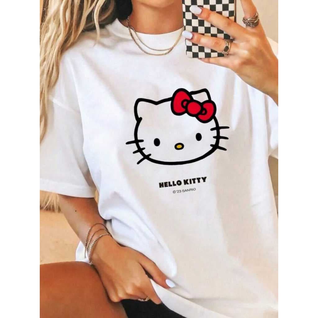 Camiseta Feminina Oversized Hello Kitty Academia Treino Casual Streetwear Blusão Algodão