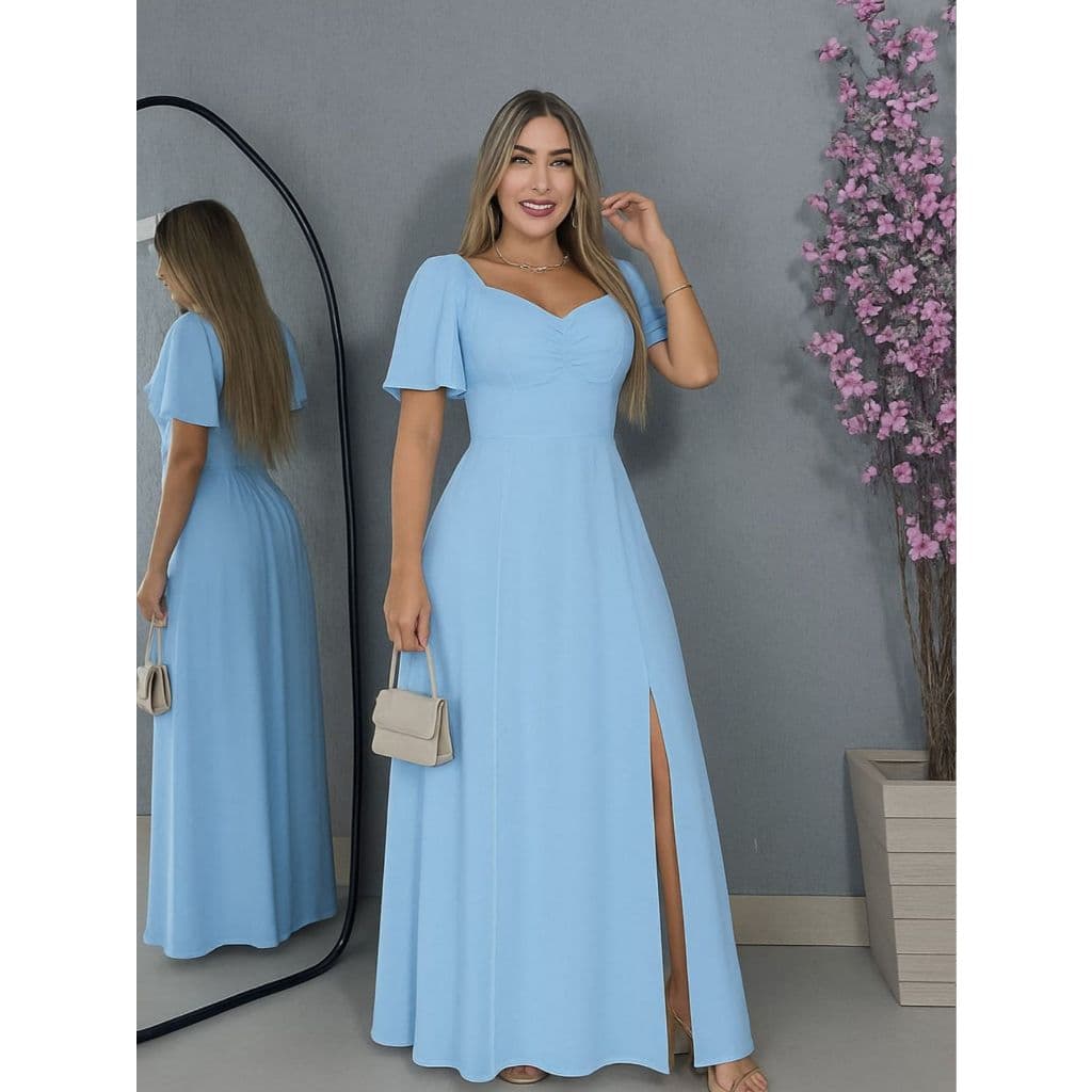 Vestido Longo feminino manga curta flare lastex nas costas e fenda lateral vestido modesto forrado