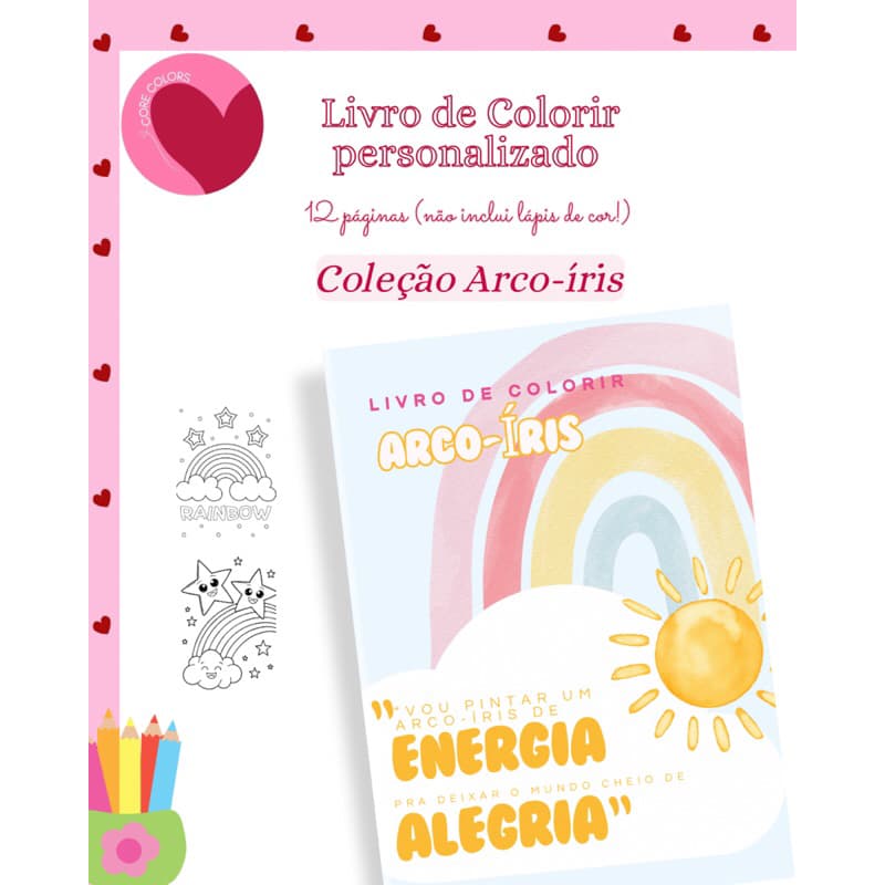 livro de colorir personalizado tema arco íris para lembrancinha -kit livro de colorir arco-íris p brinde personalizado