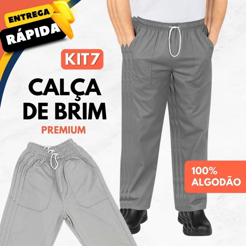 Kit 7 Calça Brim Santista Cinza Profissional Unissex 100% Algodão 4 Bolsos Costura Tripla Pesado