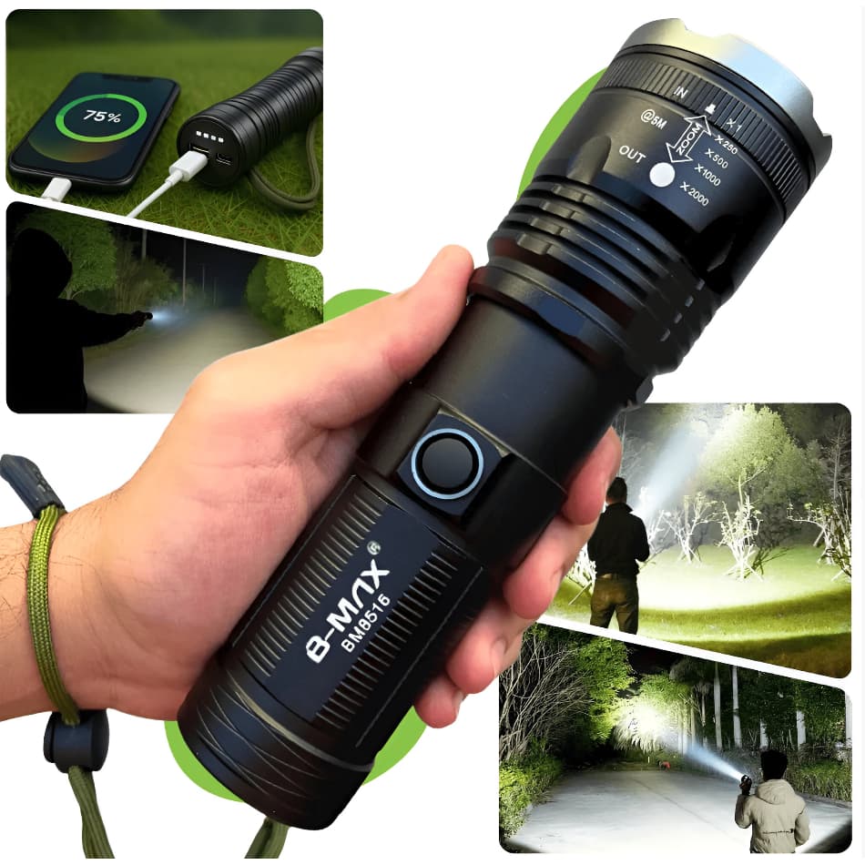 Lanterna Tática Led Potente Zoom Com Alça Recarregável USB Powerbank 2000 Metros 2km Profissional BM-8516 Laser