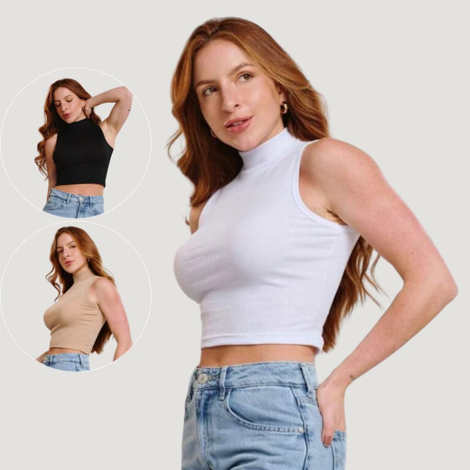 Regata Cropped Canelado Feminino Gola Alta Canelada Camiseta Básica Croped Baby Tee