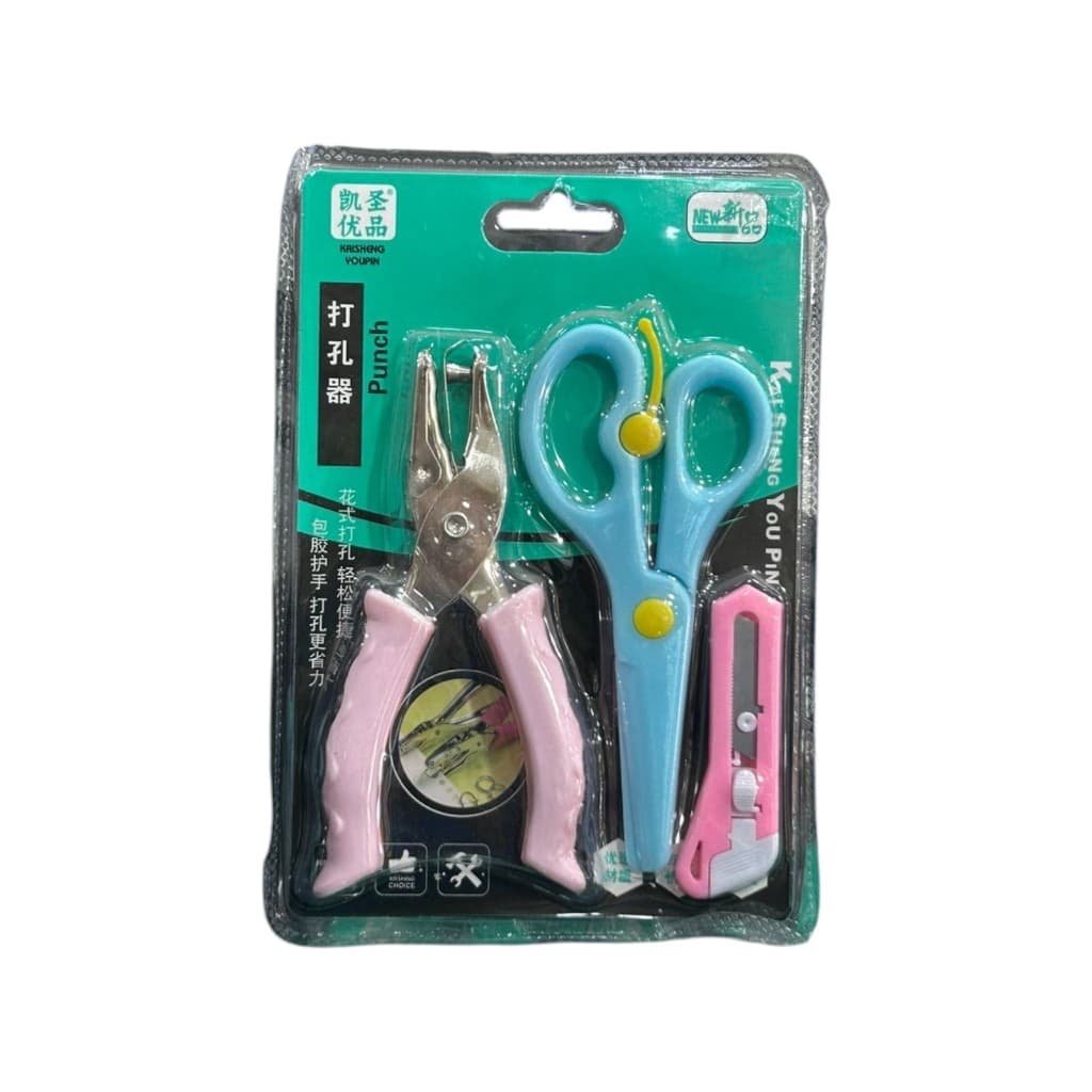 ✂️📄 Kit 3 Peças Papelaria – Furador de Papel + Tesoura Plástica + Mini Estilete ✨ Prático e Versátil!