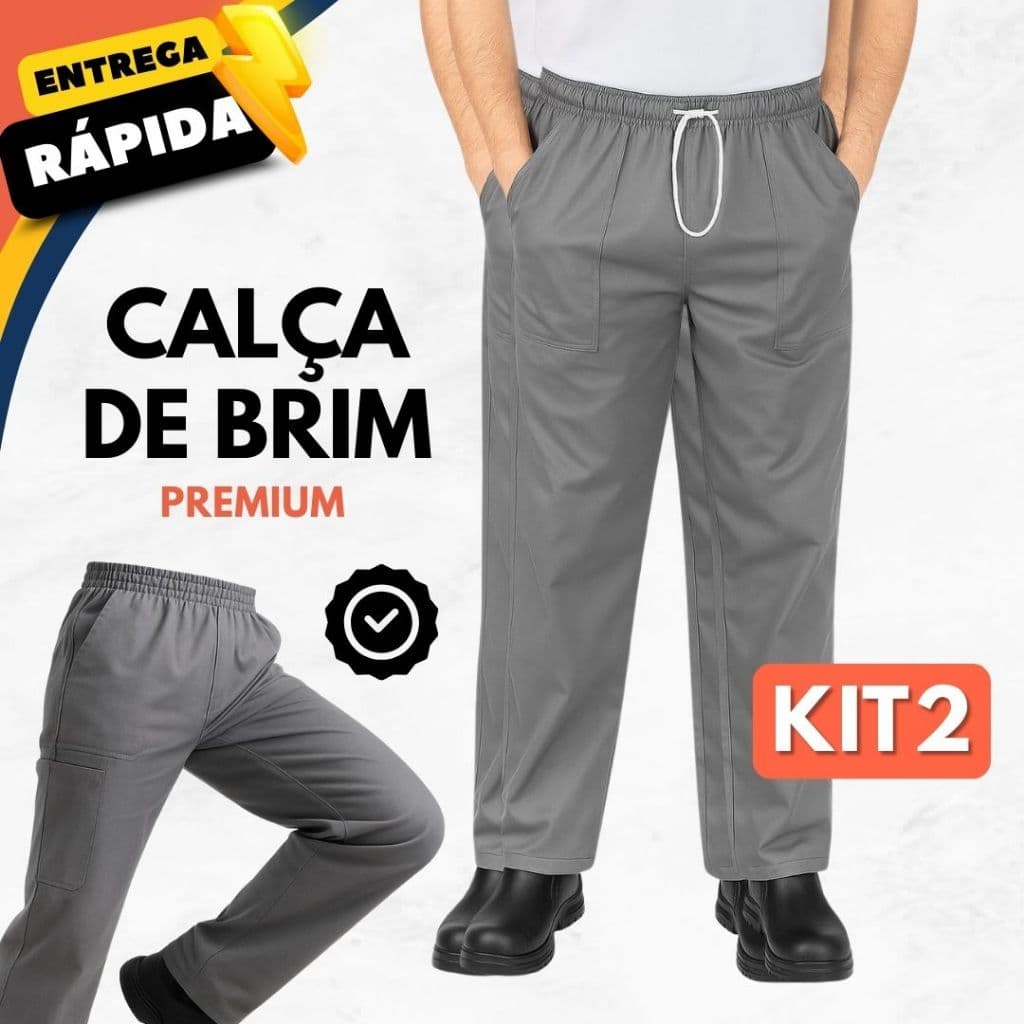 Kit 2 Calça Brim Costura Tripla Reforçada 100% Algodão Uniforme Profissional Cinza Tecido Pesado