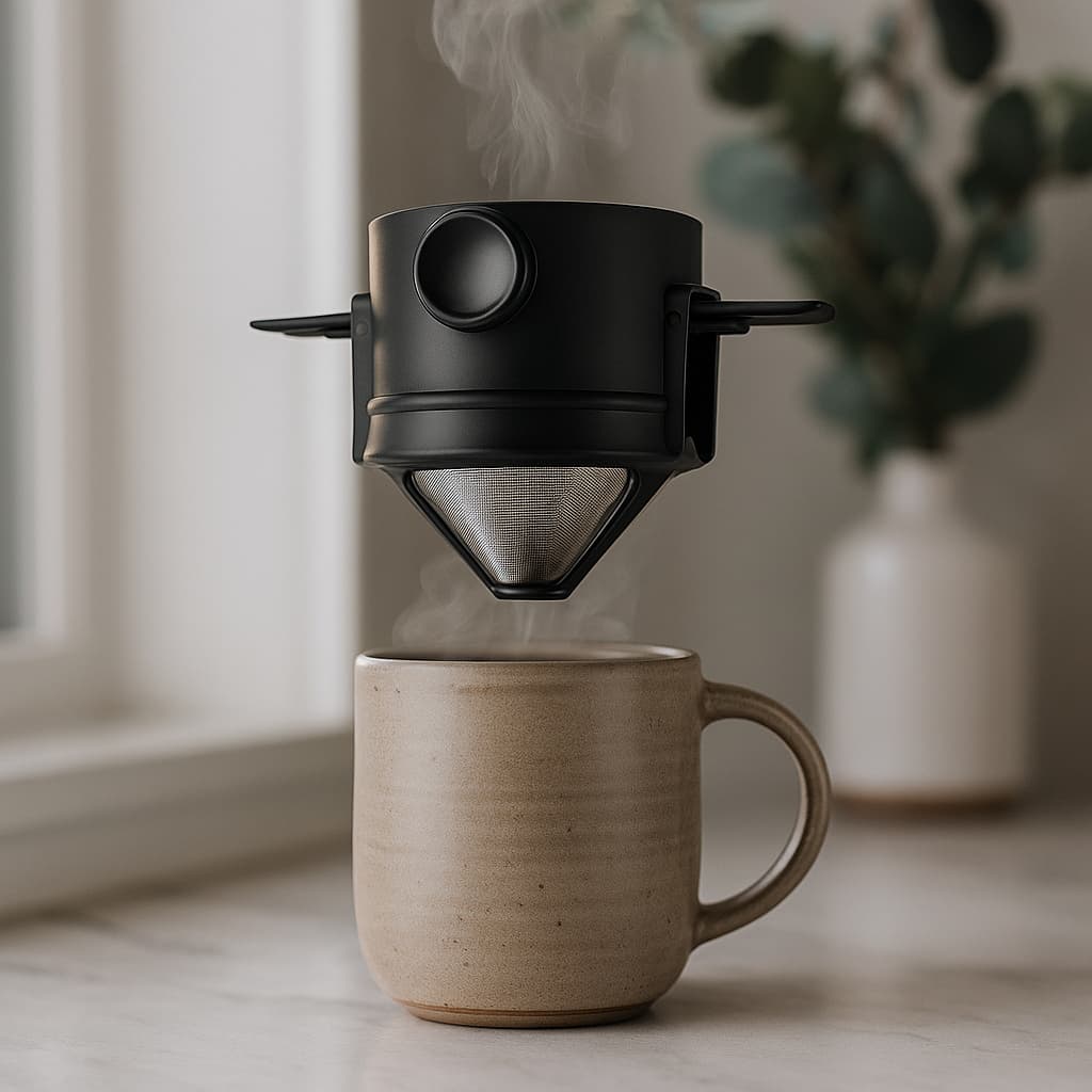 Mini Coador de Café Portátil Individual Filtro Inox Reutilizável Suporte Dobrável Sem Papel Caneca