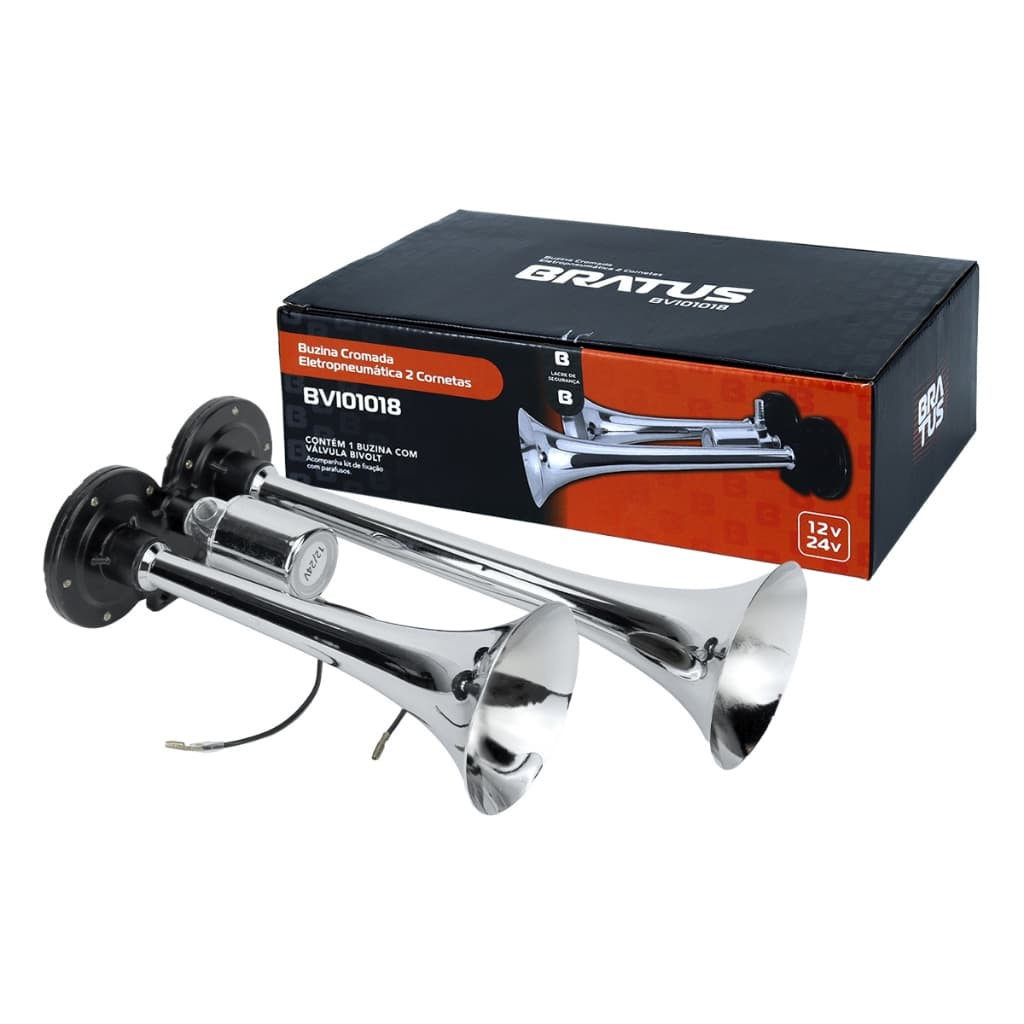 Buzina Maritima Cromada 2 Cornetas para Caminhão 12V 24V Bratus Metal Elétrica Potente Som Alto