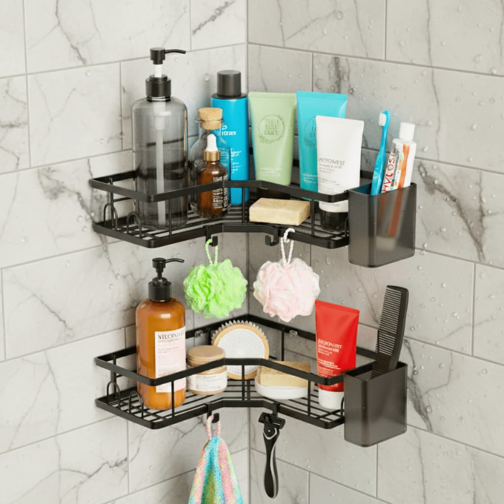 Kit 2 Prateleira de Banheiro Suporte de Shampoo Box Multiuso Organizador de Canto Adesivo Metal