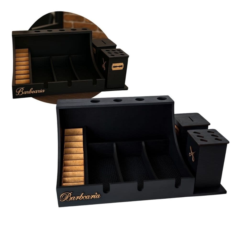 Kit Barbearia MDF Suporte + Porta Pentes + Porta Tesoura e Descarte de Lâminas