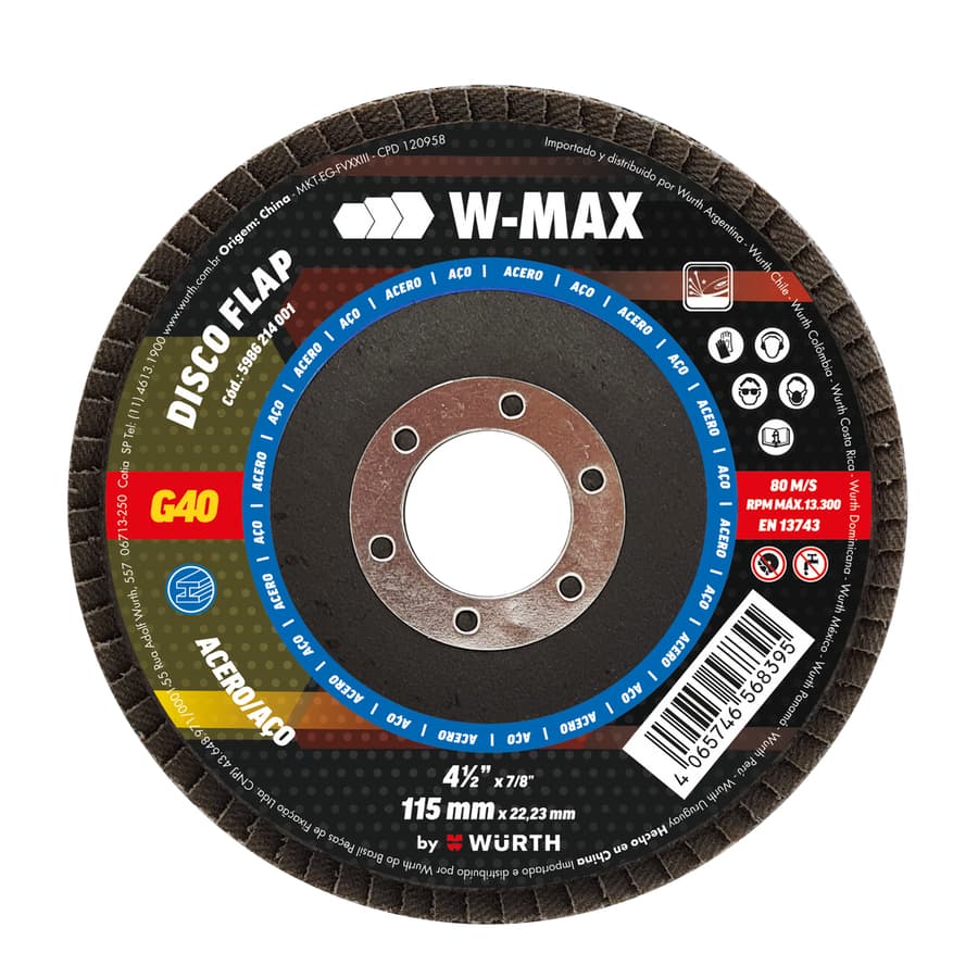 Disco Flap Aço Desbaste Rápido 115mm G40 Embalagem com 5 Unidades - W-Max - Kit