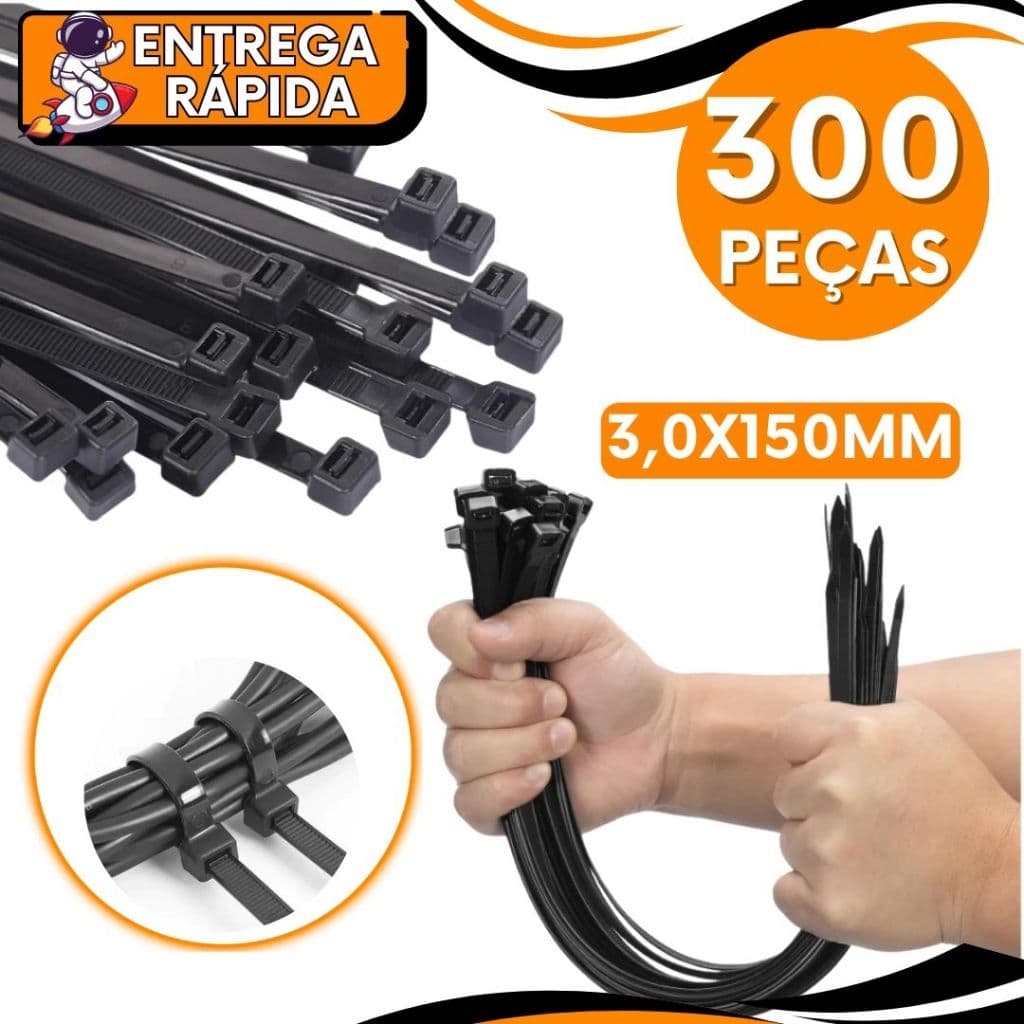 JOGO 300 Abraçadeira Enforca Gato Cinta Plástica Nylon  Lacre Plástica Organizador Preto - 3,0MMX15CM Profissiona