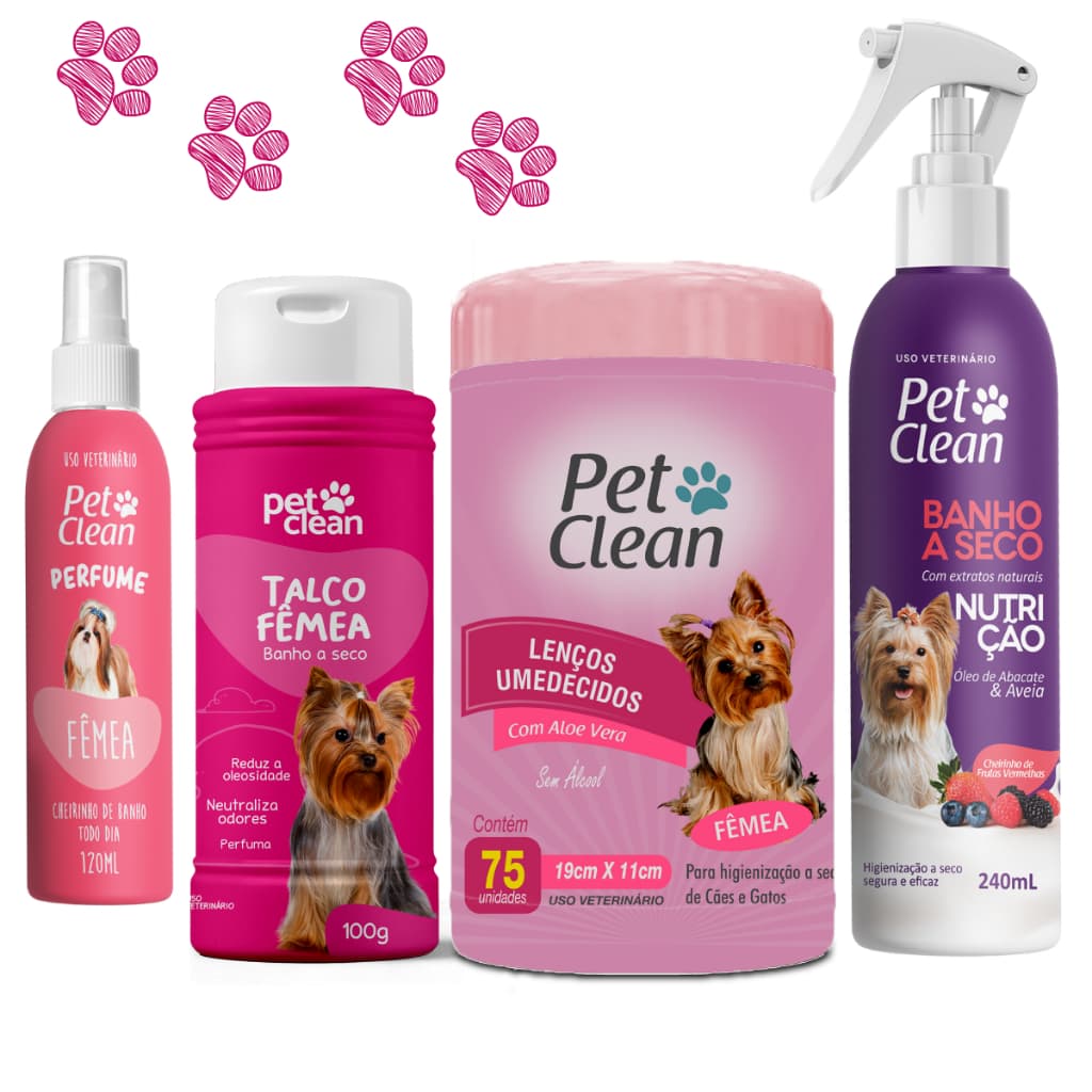 KIT Banho a Seco Premium, Lenço Fêmea, Talco Fêmea e Perfume Fêmea Pet Clean p/ Cachorro e Gato