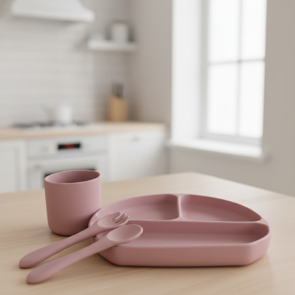 Kit 4 Alimentação Bebê Silicone Prato Copo Garfo e Colher rosa