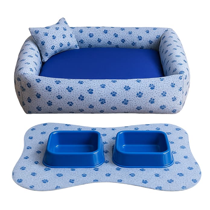 Cama pra cachorro e gato pet luxo fibra kit tapete e comedouro P