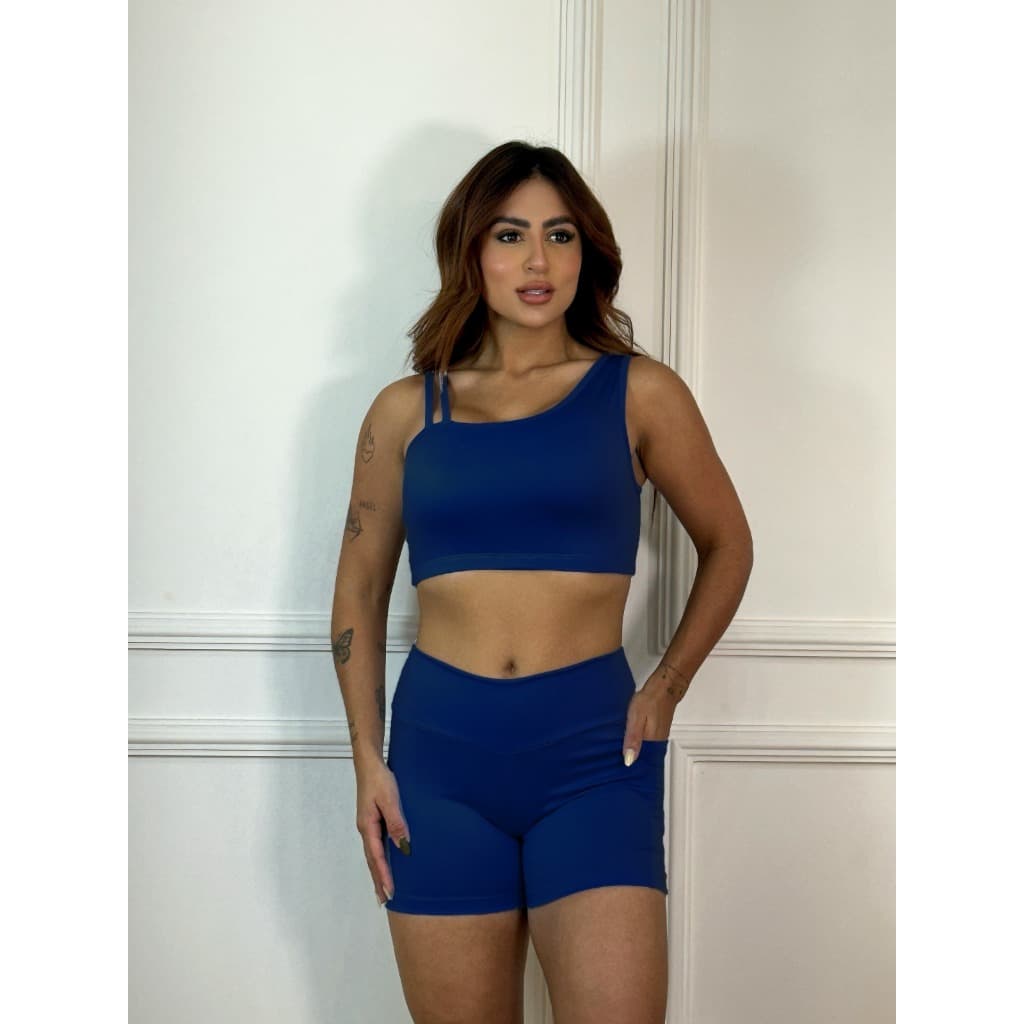 Conjunto Fitness Top + Short Marinho com Bolso Lateral Cintura Alta Poliamida Zero Transparência Academia Treino Mali
