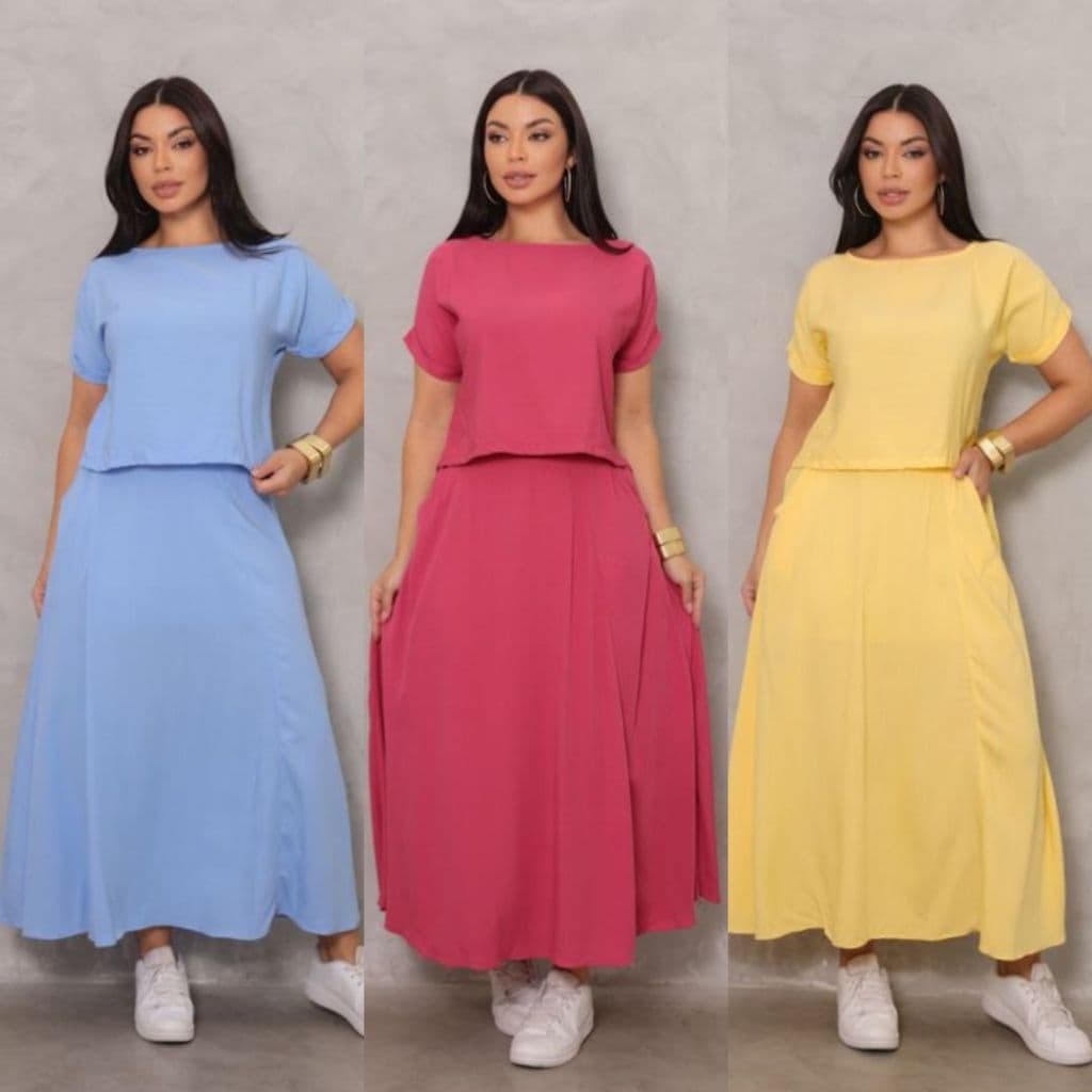 Conjunto Midi Feminino Elegante Saia com Bolsos e Blusa Soltinha Viscolinho Moda Casual Premium