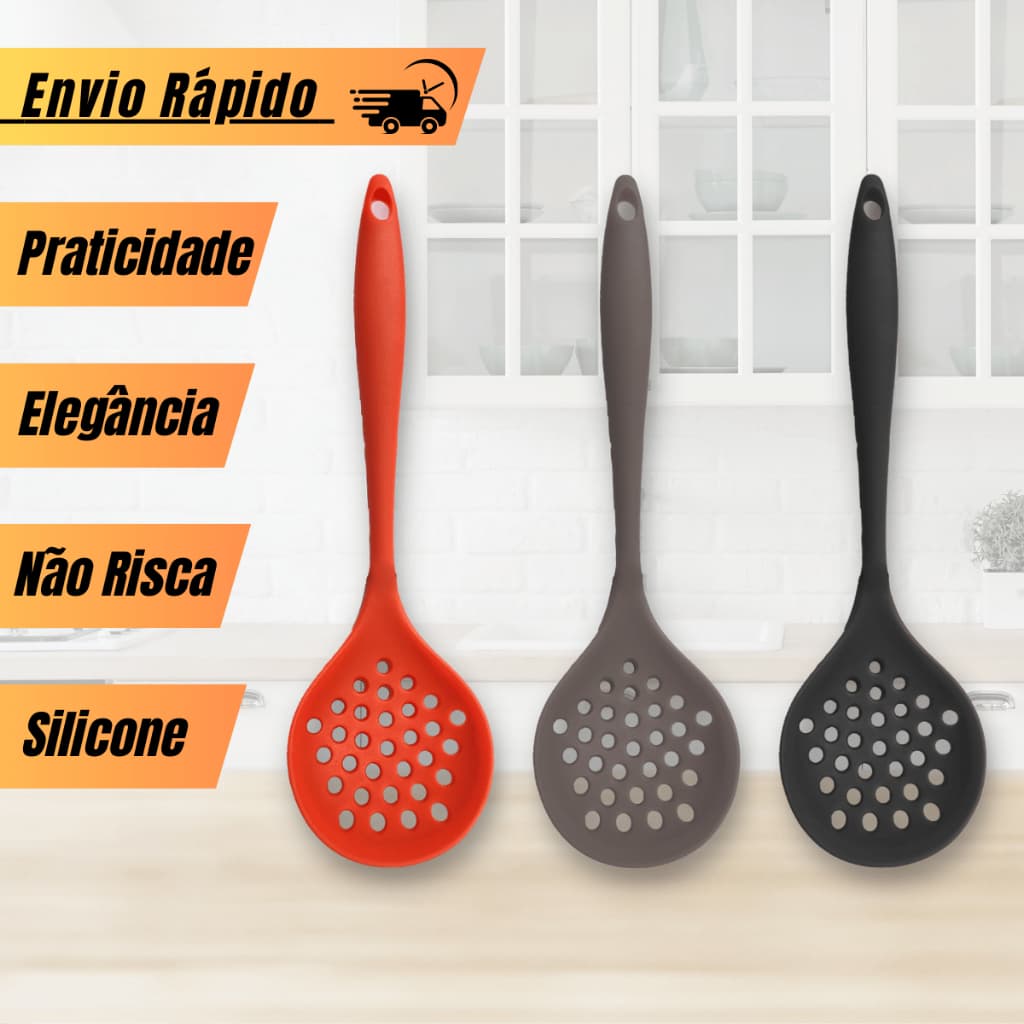 Escumadeira 100% em Silicone 30cm Utensilios Grande para Cozinha Frituras Colorido Preta Vermelha