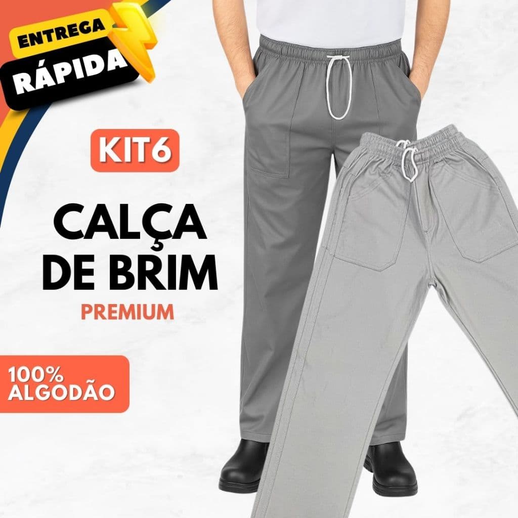 Kit 6 Calça Brim Pesado Profissional Santista Cinza 4 Bolsos Costura Tripla Unissex Trabalho