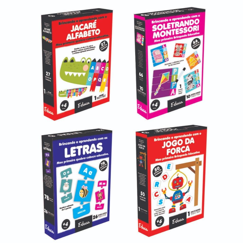 kit 4 Brinquedos Alfabetização Letras+Soletrando+Forca+Jacaré Alfabeto Pedagógico Educativo Madeira