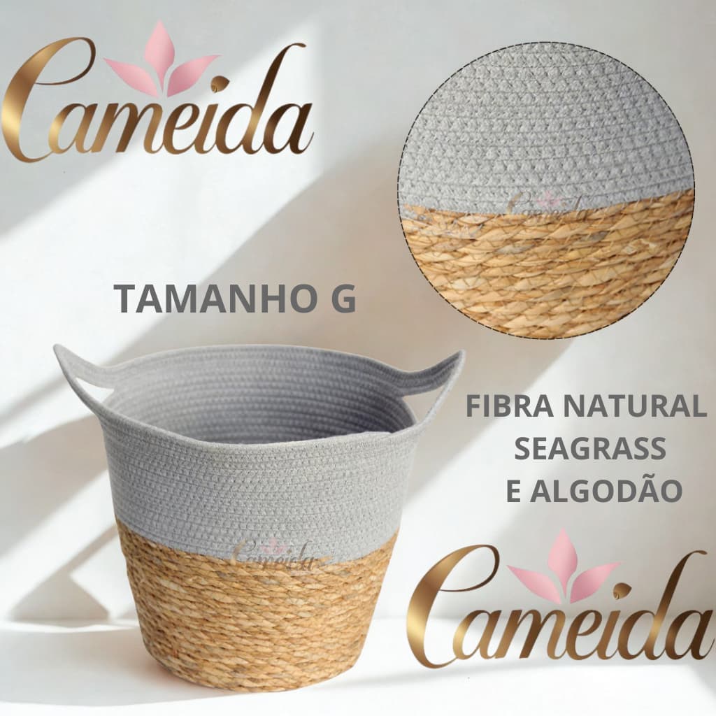 Cesto Organizador em Corda de Algodão Cinza com Fibra Seagrass-  Paramount-Ideal para Organização e Decoração -Alça 33cm