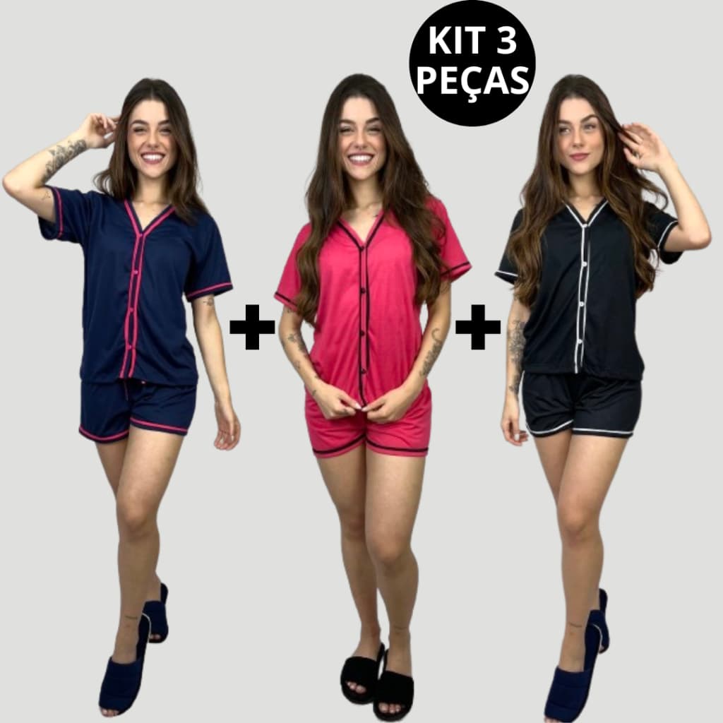 Kit 3 Pijamas Baby Doll Amamentação Americano Cirúrgico com Botões Blogueira