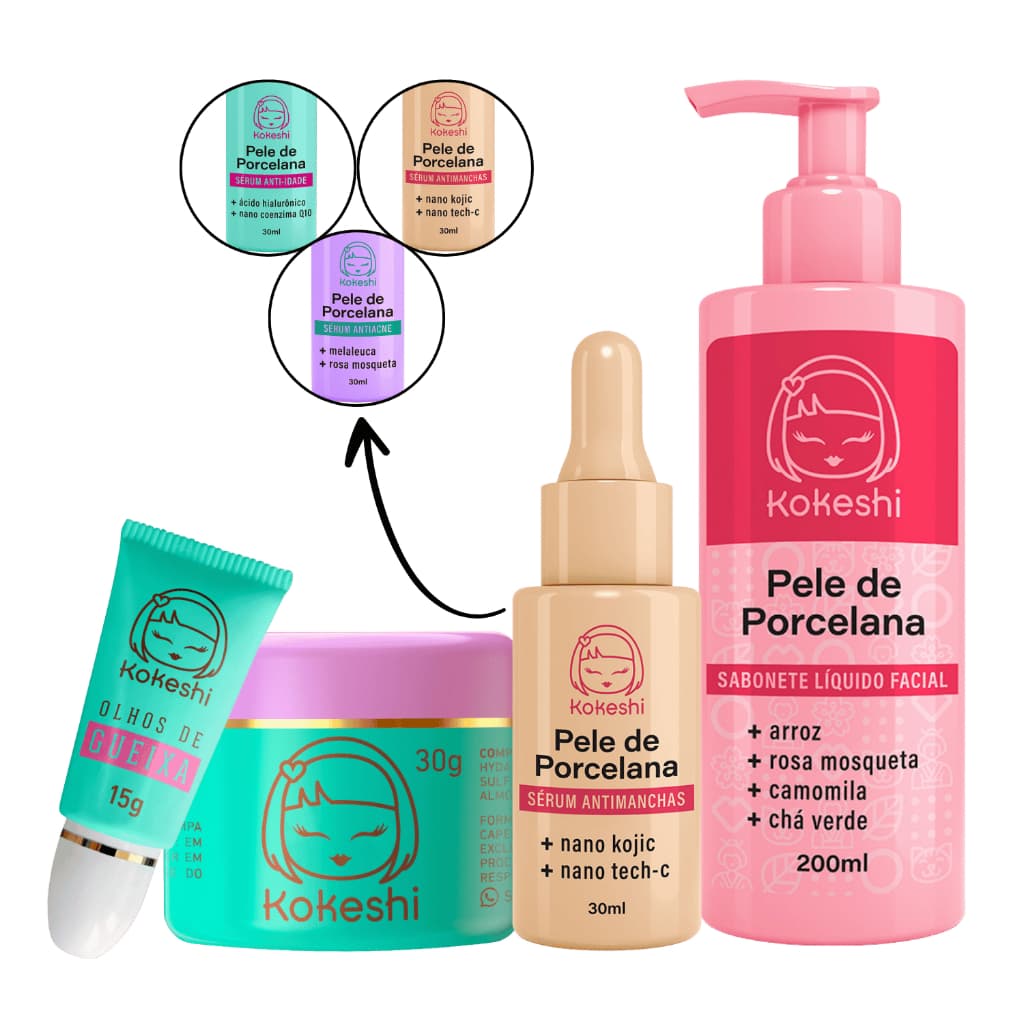 Kit Kokeshi Skin Care Limpeza de Pele Completa + Sérum 30ml (Antiacne,Anti-idade ou Antimanchas)