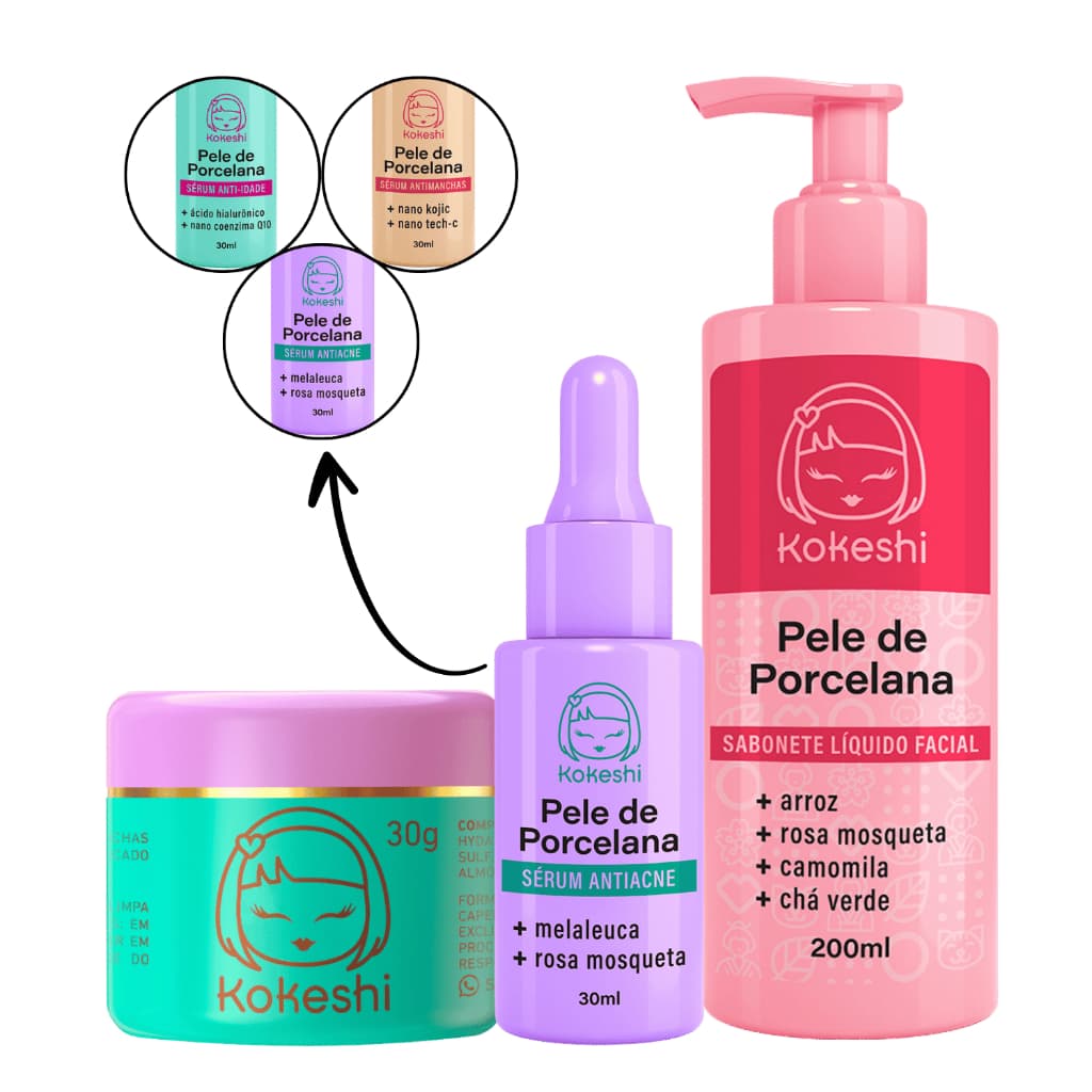 KIT Skin Care pele de porcelana kokeshi Creme Sabonete e sérum antiacne anti-idade ou antimanchas