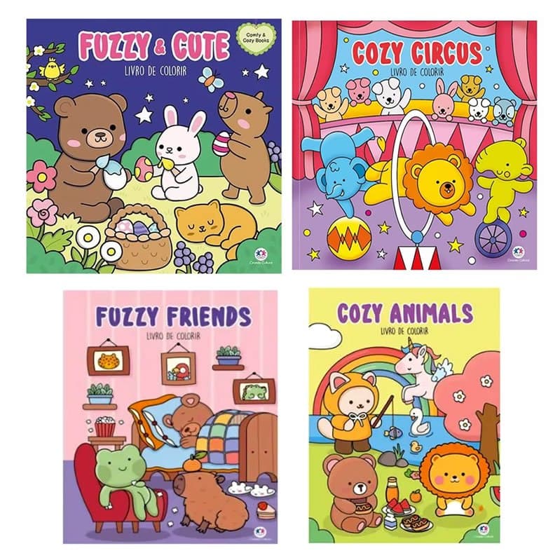 Kit 4 Livros Comfy & Cozy - Fuzzy Friends, Fuzzy Cute, Cozy Circus E Cozy Animals - Livros De Colorir