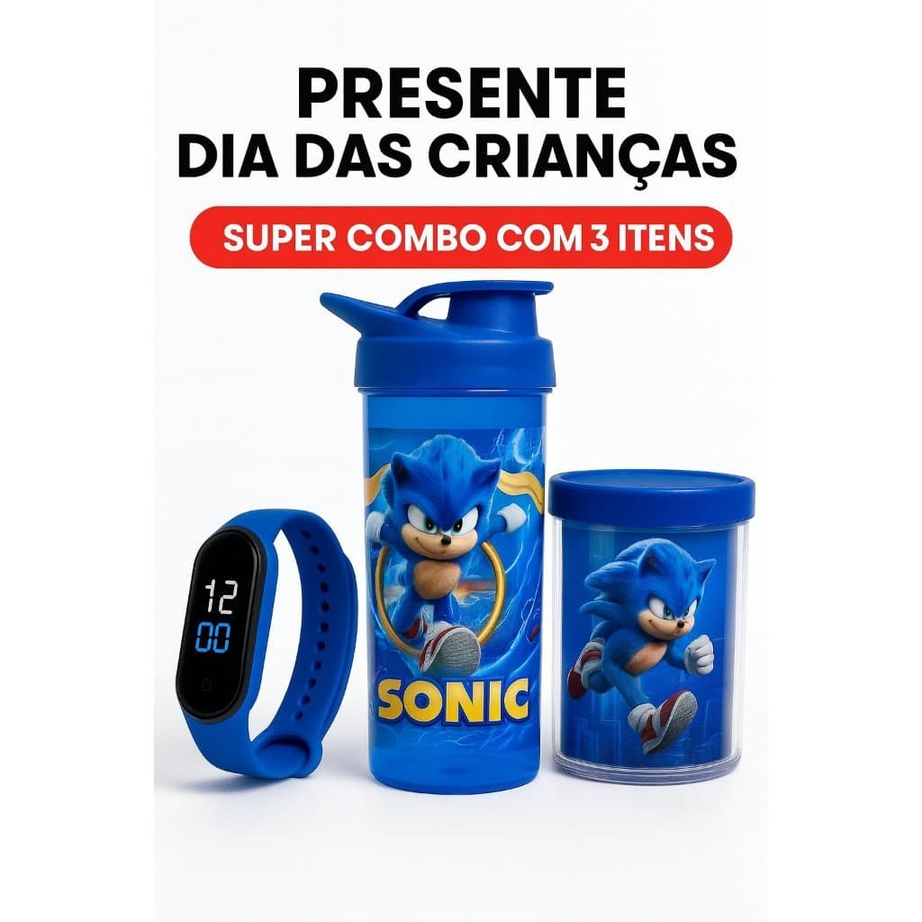 Presente SONIC - Garrafa Copo e Relógio Digital + Nome Personalizado PRESENTE ANIVERSÁRIO ESCOLA