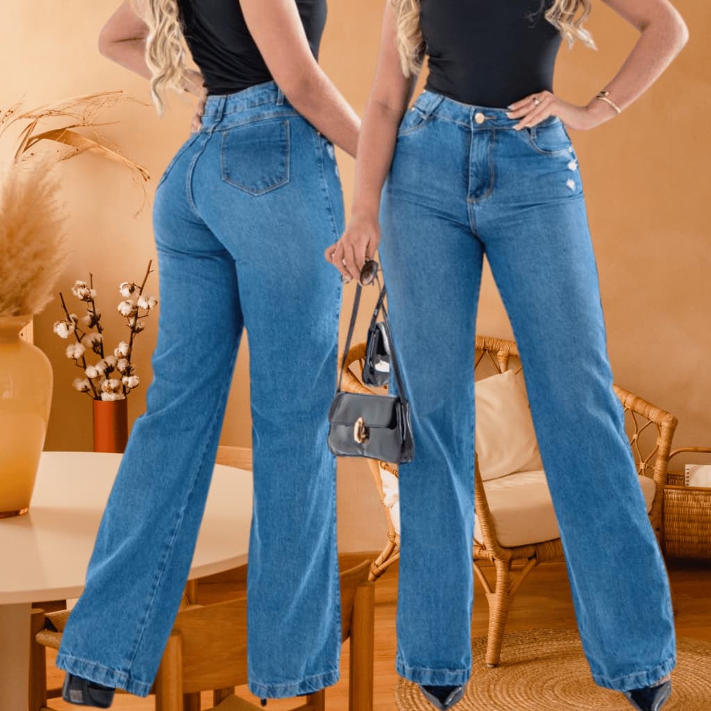 Calça Feminina Wide Leg Delicada azul com Puido 100% algodão Cintura Alta Perfeita Linda