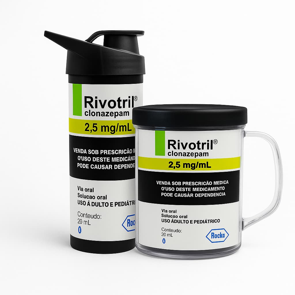 Garrafa e Copo Rivotril Personalizada Medicação Alta Qualidade de Imagem Remédio Rivotril
