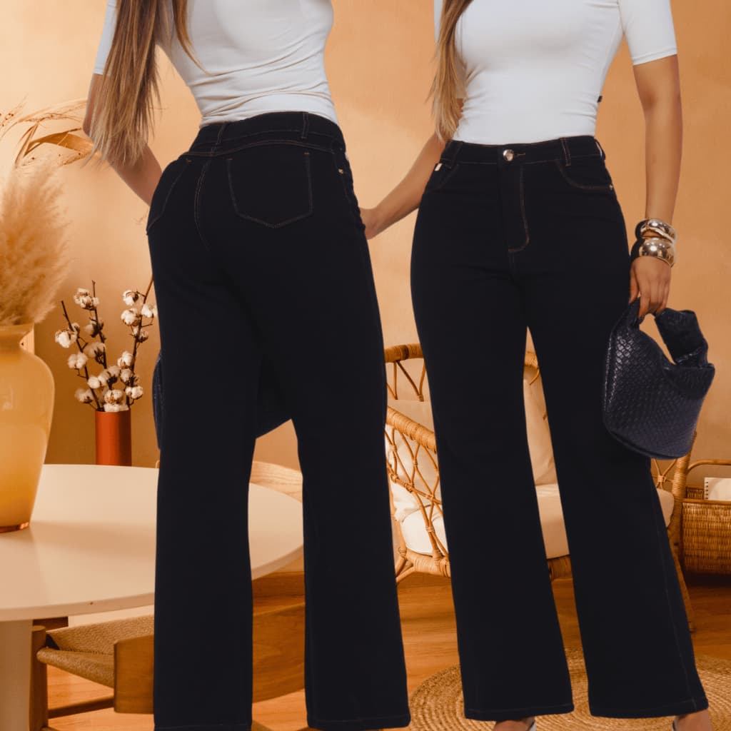 Calça Feminina Wide Leg Delicada Preta com linha ocre 100% algodão Cintura Alta Perfeita Linda