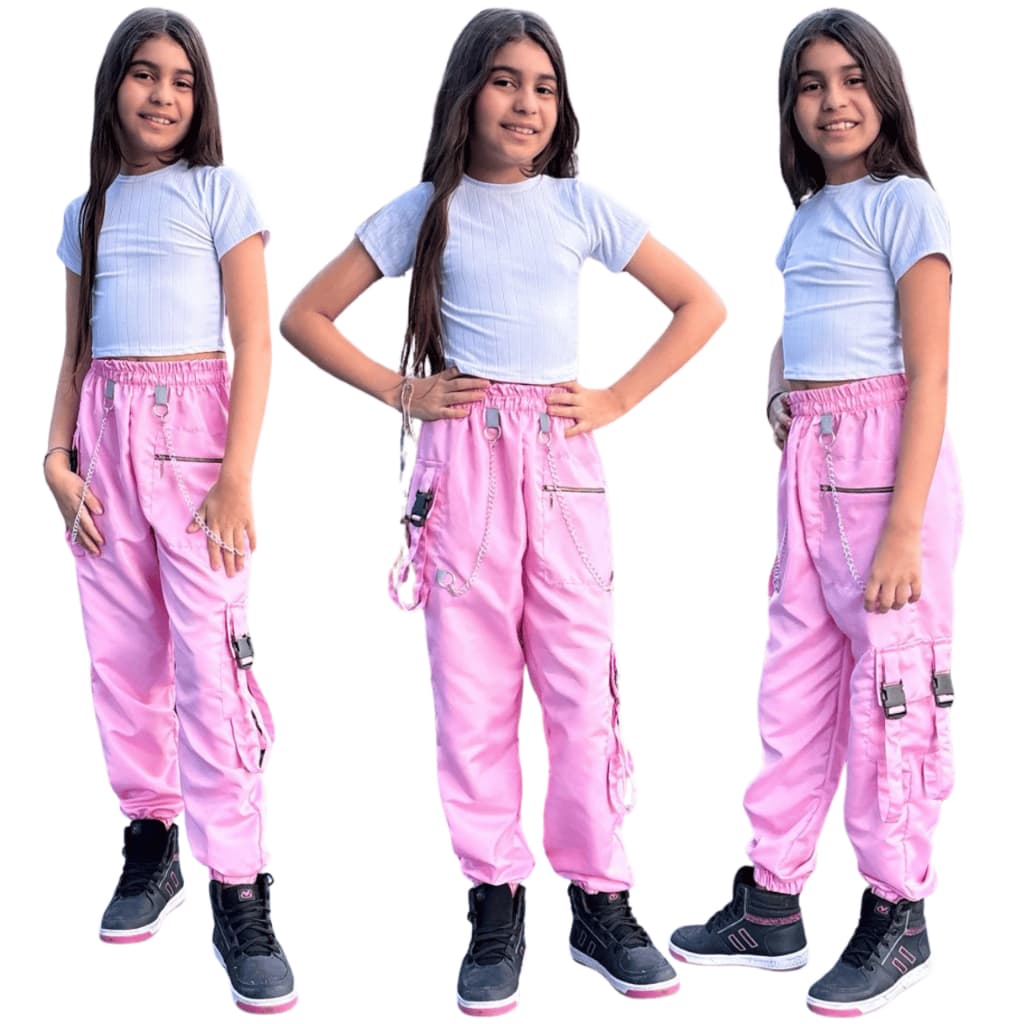 calça estilosa jogger moda gringa correntes e bolso rosa infantil juvenil
