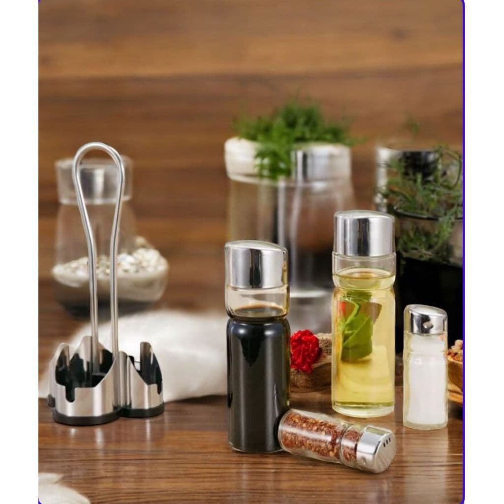 Conjunto Galheteiro Para Tempero Com 4 Peças e Suporte Hauskrasft