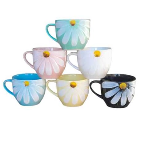 Jogo 6 Xicaras Canecas Kit  Café Chá Porcelana 170 ml Casa Hotel Restaurante Coloridas Decoração Margaridas Feita a Mão.