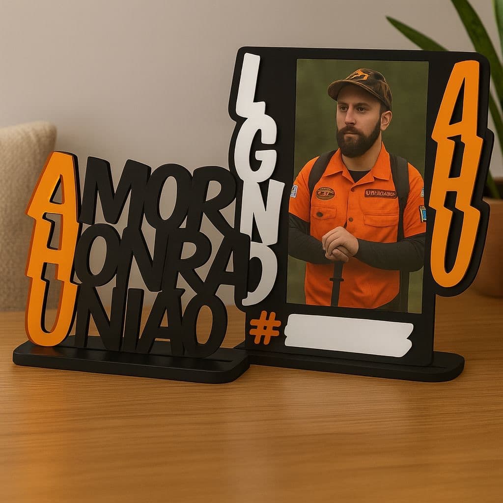 Placa AHU Amor Honra União Porta-retrato AHU em MDF e Acrílico Espelhado Lembrança Espiritual