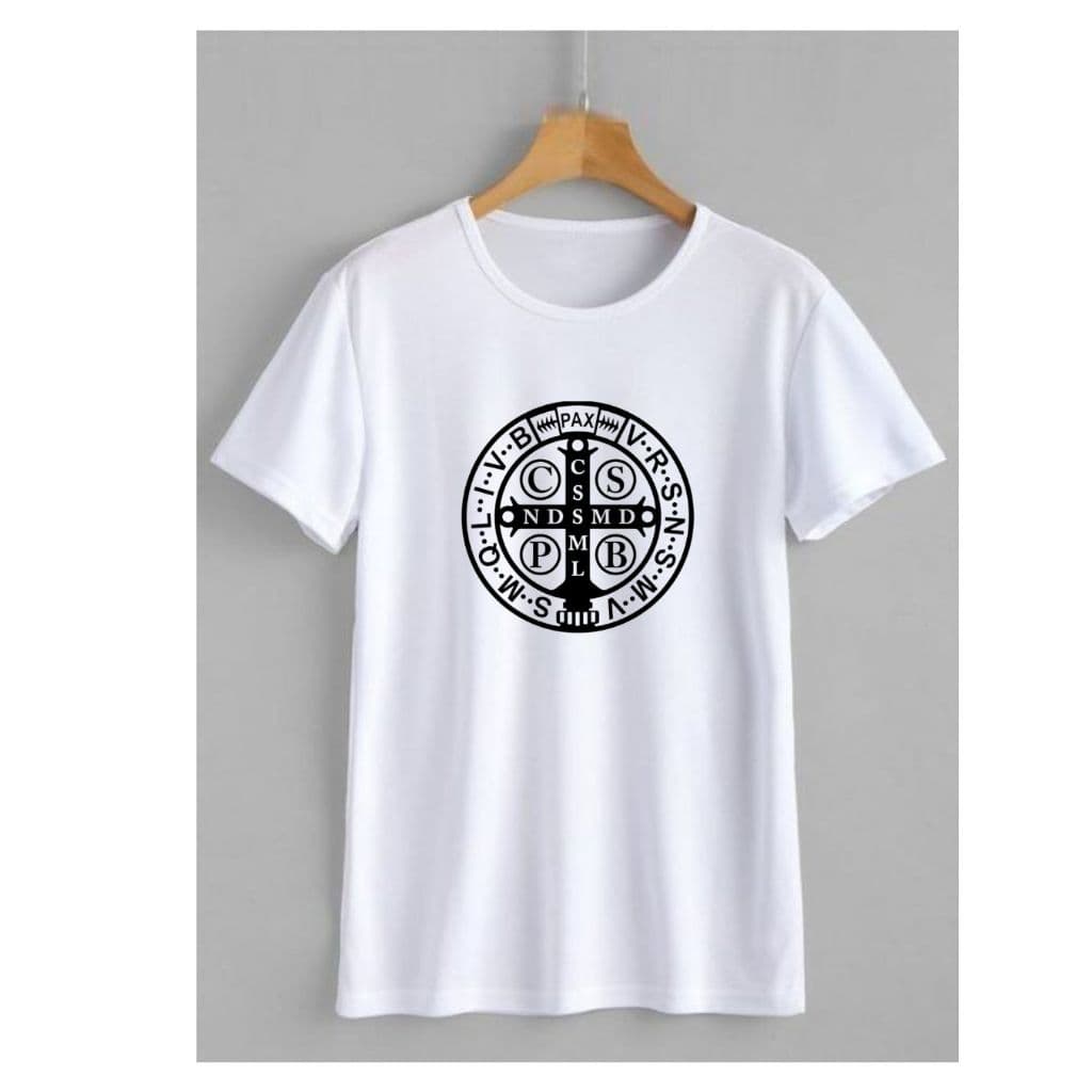 camiseta católica unissex básica medalha de são bento blusa 100 % algodão Camiseta