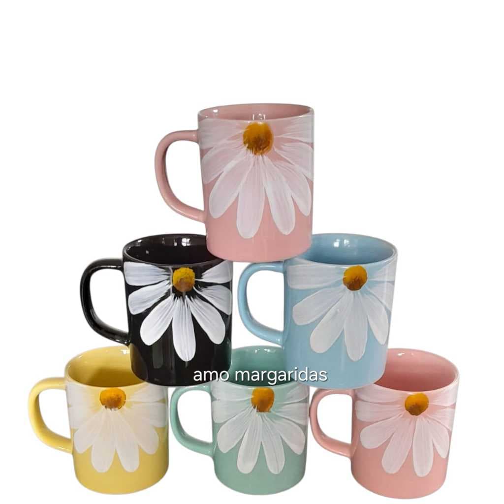 Jogo 6 Xicaras Canecas 100 ml Chicaras Conjunto Kit Porcelana Café Chá Chocolate Quente Hotel Buffet Decorada Margaridas