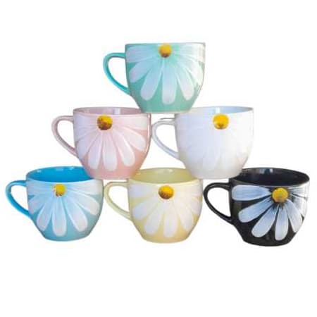 Jogo 6 Xicaras Canecas Chicaras Cojunto Kit de Café Chá Porcelana 170 ml Festa Pintura Margaridas feita a Mão Coloridas.