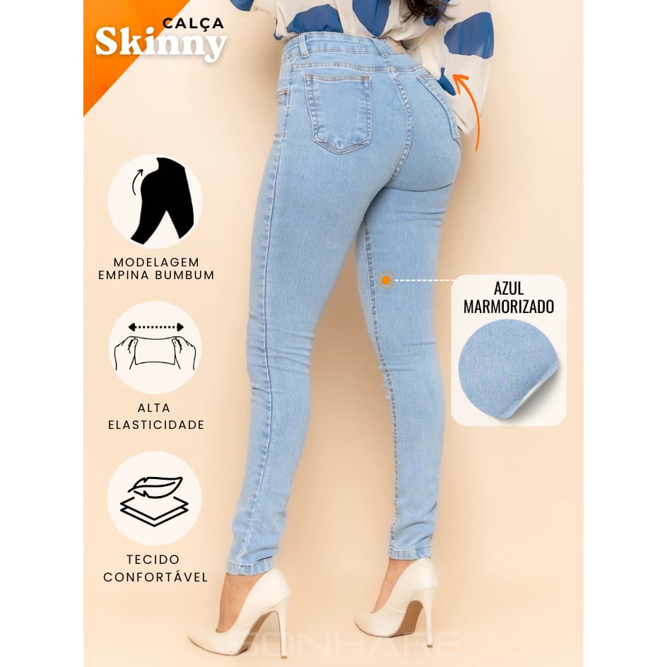 Calça Skinny Jeans Feminina com Lycra Premium Cintura Alta Elegante Modela Curvas Empina Bumbum 01