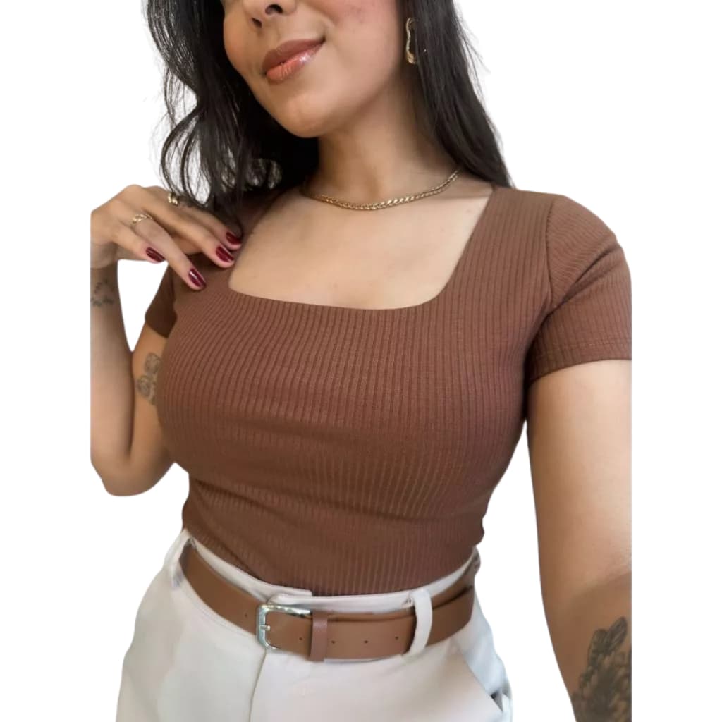 Blusa Gola Quadrada Lisa Ribana Canelado Moda Gringa T-shirt