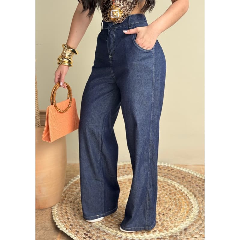 PANTALONA CALÇA FEMININA WIDE LEG JEANS ESCURO CINTURA ALTA COM ELASTICO E COS