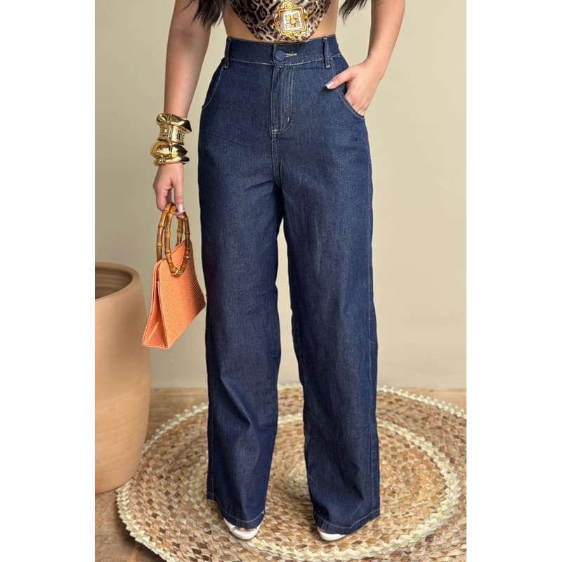 PANTALONA CALÇA FEMININA WIDE LEG JEANS ESCURO CINTURA ALTA COM ELASTICO E COS