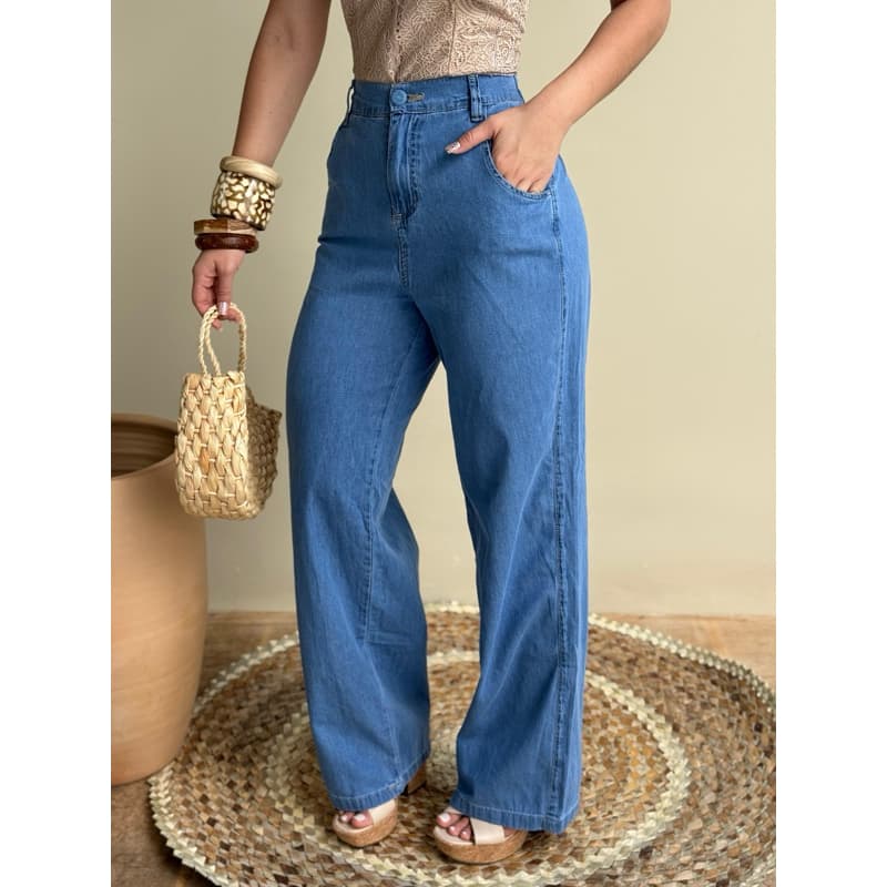 PANTALONA CALÇA FEMININA WIDE LEG JEANS CLARA CINTURA ALTA COM ELÁSTICO E COS NA CINTURA