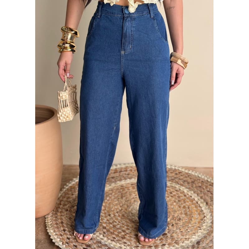 PANTALONA CALÇA FEMININA WIDE LEG JEANS MEDIO CINTURA ALTA COM ELASTICO E COS
