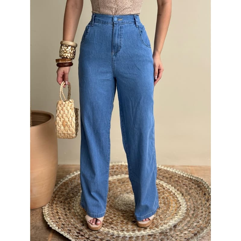 PANTALONA CALÇA FEMININA WIDE LEG JEANS CLARA CINTURA ALTA COM ELÁSTICO NA CINTURA E COS