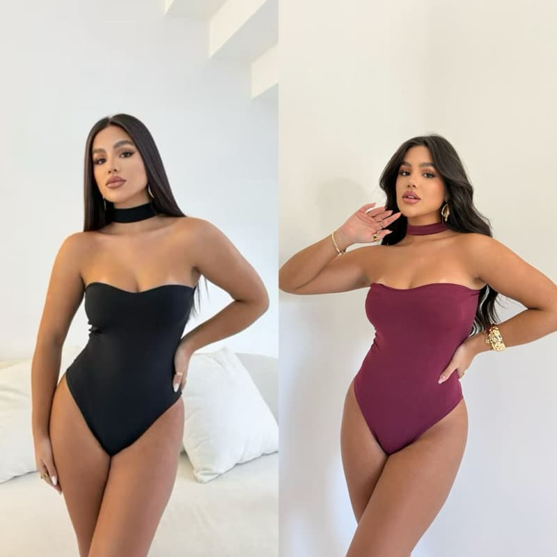 Kit 2 Body Gola Pescoço KIT Duas Peças 1 Body Preto 1 Vinho Tecido Suplex Com Bojo TQC