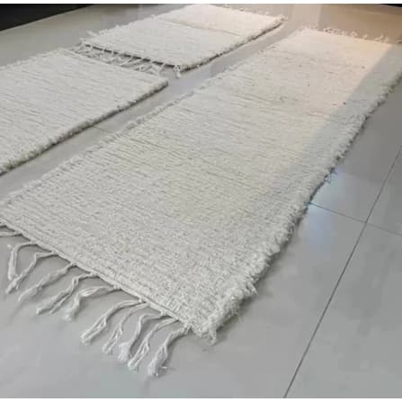 Jogo de Tapete 1,60 X 0,50 Boho Cru Felpudo Tear Artesanal Luxo Para Quarto 3 peças Algodão Tear